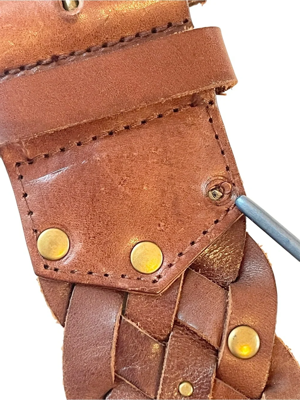 Wide Brown Braided Studded Leather Belt Circle Buckle Vintage Y2K Size L